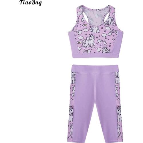 TiaoBug Purple 2Pcs Kids Girls Sport Outfit Round Neck Sleeveless Racer Back Cartoon Horse Print Sport Vest And Track Shorts Set