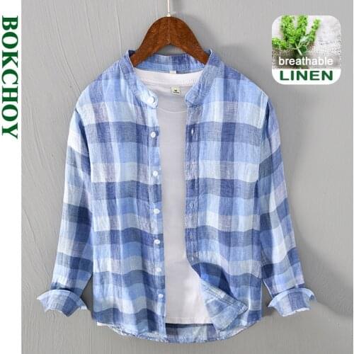 2021 Autumn Winter New Men Pure Linen Plaid Shirt Casual Long Sleeve Mandarin Collar Fashion Trend Thin Breathable GB-L527