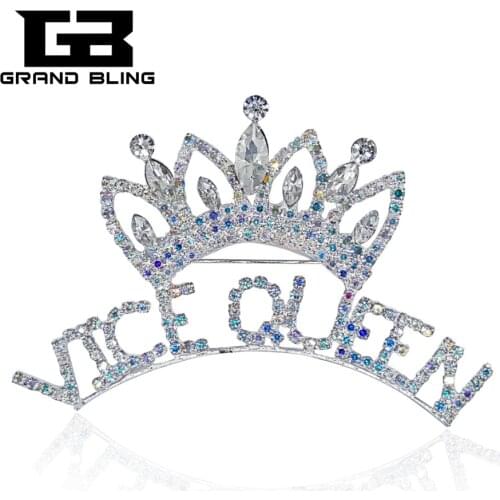 Aurora Color Rhinestone Brooch Jewelry "VICE QUEEN" Word Pins with Crown On Top