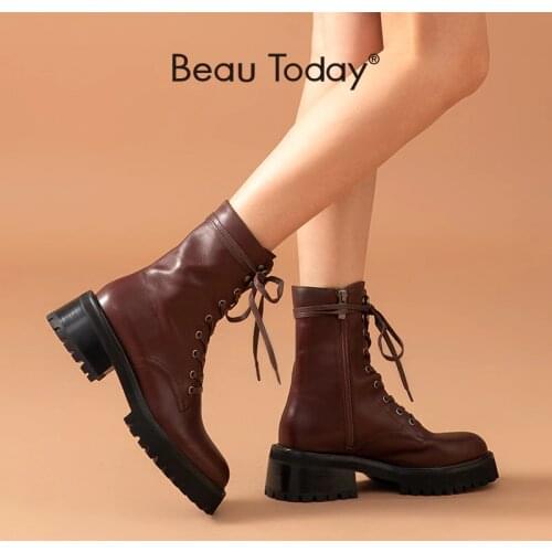 BeauToday Motorcycle Boots Women Calfskin Leather Zip Lace-Up Round Toe Ankle Length Fashion Lady Platform Shoes Handmade 02346
