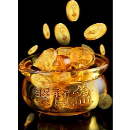 Feng Shui Chinese Crystal Gold Ingots Glass Yellow Wealth Treasure Bowl Statue Decoration