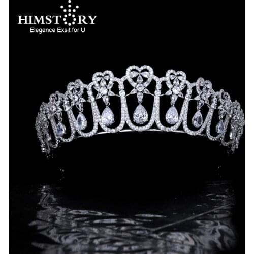 Himstory Luxury Womens Crown Tiara New CZ Cubic Zircon Waterdrop Headband European Bridal Wedding Hair Accessories