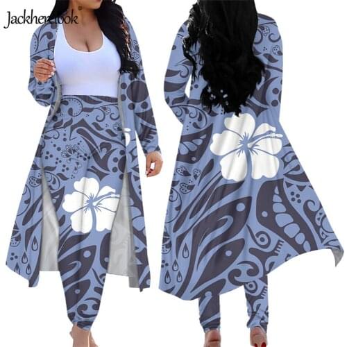 Jackherelook Polynesian Tribal Open Front Loose Cardigan Skinny High Waist Long Pants Spring Casual 2 Set Outfits Set Plus Size