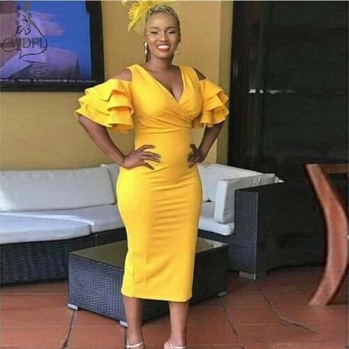 Tea Length Yellow Cocktail Dresses 2019 Mermaid Tiered Ruffles Short Sleeves Deep V Neck Evening Party Gowns African Prom Dress