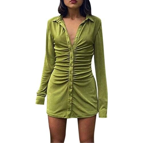 Summer Pleated Design Bodycon Dress Female Buttons Up Above Knee Dresses Slim Fit Long Sleeve Vestidos Turn-down Collar Robes
