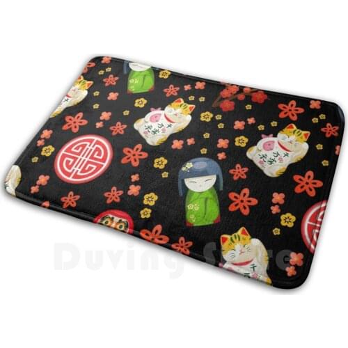 Maneki Neko Japanese Waving Lucky Cat Geisha Girls On Black By Moose Disco Soft Non-Slip Mat Rug 1323 Carpet Cushion
