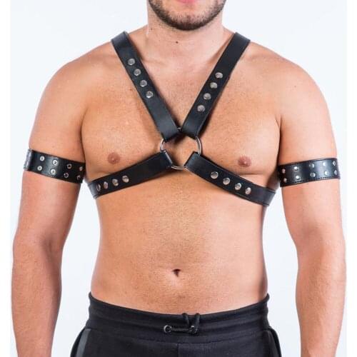 Leather Chest Harness Men with Armband Fetish Gay Body Bondage Cage BDSM Crossed Harness Belts for Men Punk Gothic Male Costumes