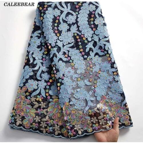 Latest Sky Blue Sequined African Lace Fabric 2021 High Quality 3D Flower French Mesh Lace Fabric For Party Dress Sewing S2452