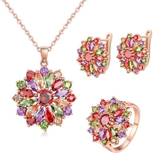 Ociki Colourful Rose Gold Color Cubic Zirconia Crystal Earrings Necklace and Ring Jewelry Set for Women Gift Drop Shipping