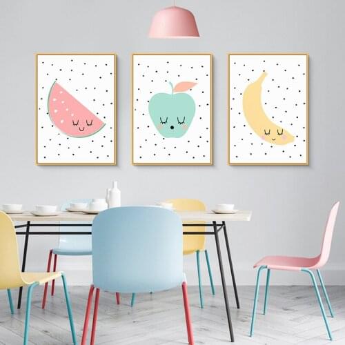 Cartoon Pear Banana Watermelon Apple Fruit Print Canvas Poster Painting Minimalist Pastel Colorful Wall Art Modern Kitchen Decor