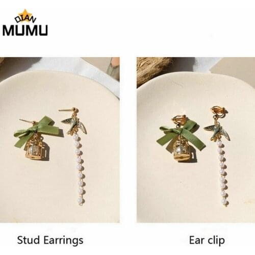 Sen retro bird cage bird asymmetrical earrings ribbon bow long pearl tassel clip earrings without joint female