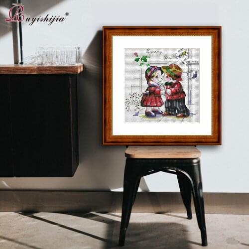 RUYISHIJIA European and American Style Boys and Girls First Kiss Pattern Counted Cross Stitch Set DIY Needlework Embroidery