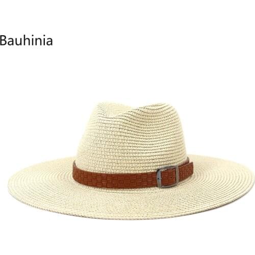 Bauhinia Panama Hat Men Women 10CM Wide Brim Solid Belt Sun Straw Hat 2021 Summer Spring Casual Beach Jazz Hat