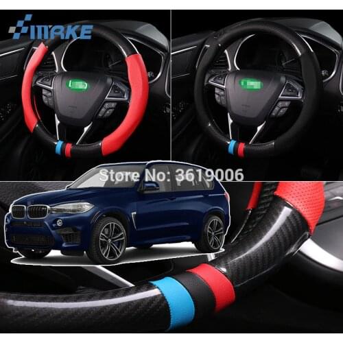 SmRKE For BMW X5 Steering Wheel Cover Anti-Slip Carbon Fiber Top PVC Leather Sport Style