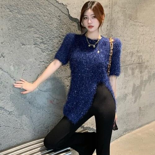 Korean Fashion Plush Hair Tassel Pullover Sweater Women O Neck Short Sleeve Slit Sweaters Top Female Streetwear Pull Femme Blue