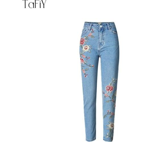 TaFiY 2017 3DFlower Embroidery Ankle-Length Pants High Waist denim Jeans For Women Vintage Summer Casual Skinny Jeans Slim Femme