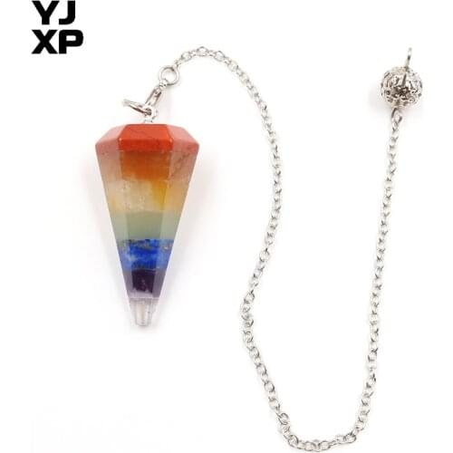 YJXP Link Chain Hexagonal Cone Pendulum Pendant Dowsing Divination Wicca Chakra 7 Color Layer Stone Reiki Healing Charms Jewelry