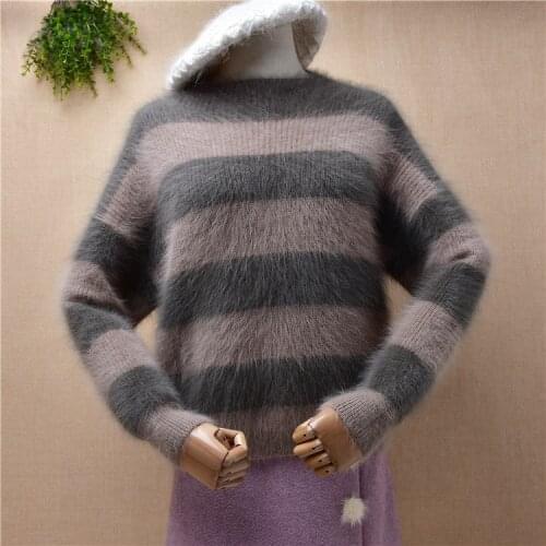 Female women autumn winter hairy mink cashmere knitted striped long sleeves loose pullover angora fur jumper sweater pull tops