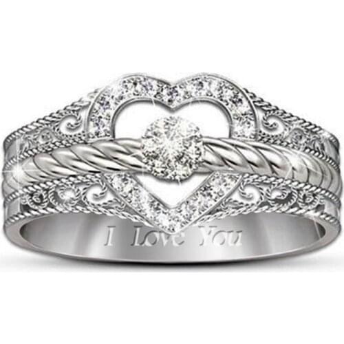 Full Crystal Micro Setting Love Heart Pattern Hollow Out Ring For Woman Wedding Romantic Love Token Jewelry Silver Color Band