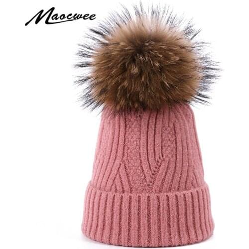 Winter Women Knitted Beanie Hat With Real Fur Pom Pom Fashion Female Warm Caps Thick Solid Color Outdoor Girls Skullies Beanies