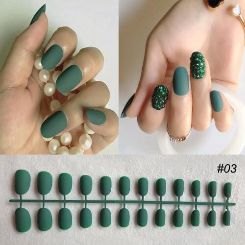 24 pcs of dark green fake nail tip short matte design pressing on false nail custom water drill fake Acrylic Nail Art Tips