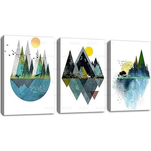 3 Panels Abstract Geometric Mountains Sunset Canvas Wall Decor Artwork Landscape Canvas Painting Deer Murals for Bedroom Office