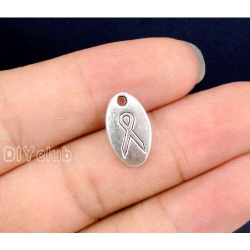 80pcs-Antique Silver 2 Sided Breast Cancer Ribbon Charms Pendant 15x9mm