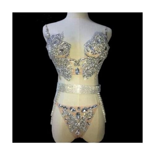 Sparkly Glass Rhinestones Bikini Sexy Bra Sets Occident Bar Nightclub DJ DS Costume Female dancer stage performance dance Suit