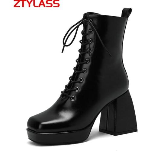Black White Fashion Square Toe Platform Women Boots Pu Leather Chunky High Heel Ankle Boots Autumn Winter Lacing Woman Shoes