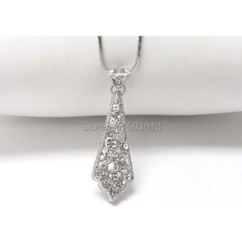 One piece fashion 4cm dull silver plated zinc alloy crystal necktie pendant necklace xy131