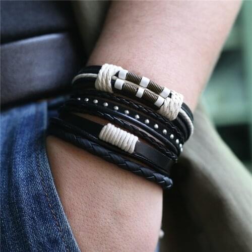 Black Ethnic Multilayer Feather Beads Rope Wrap Woven Rivet Leather Men Bracelets Women Fashion Bangle male Jewelry