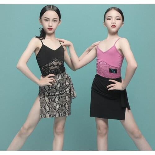 2021 New G1201 Kids Latin Dance T Shirt Girl Lace Patchwork Tops Latin Dancing Clothes Belly Modern Dance Performance