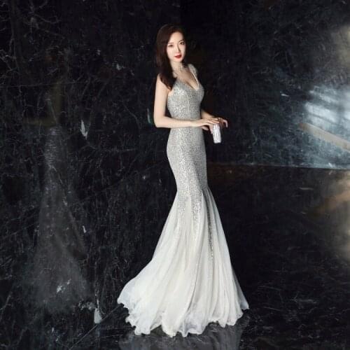 Deep V-neck Long Sequined Mermaid Evening Dress for Banquet Host Nightclub Performance Dance Birthday Party Evening Dress A348