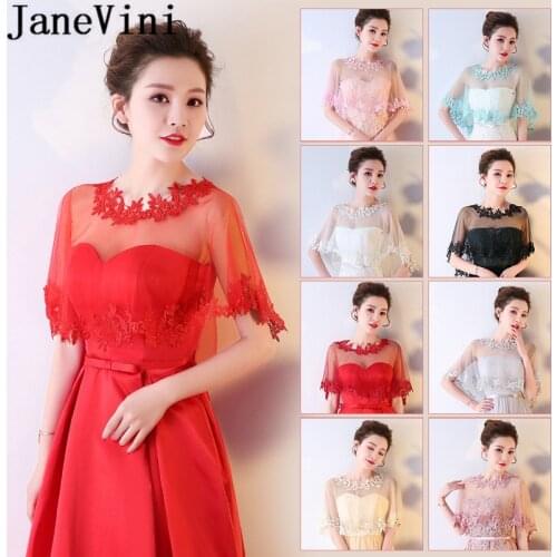 JaneVini 2019 Elegant Bridal Wrap Lace Appliqued Sheer Tulle Evening Shrug Black Champagne Women Bolero Wedding Capes Shawl Robe