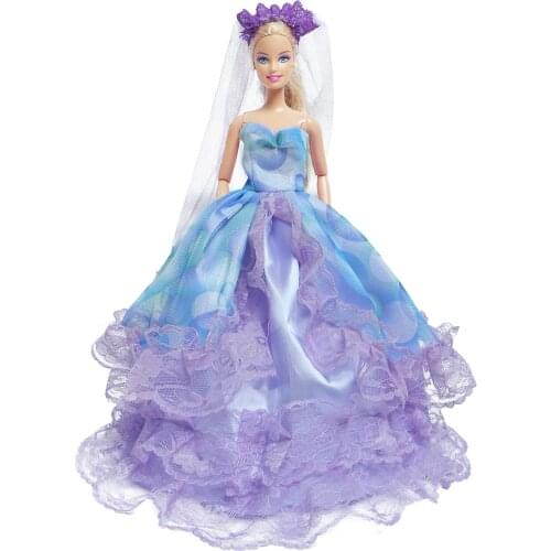 Handmade Purple Dress Evening Party Lace Gown With Veil Elegant Bride Princess Clothes for Barbie Doll Accessories Kids Toys