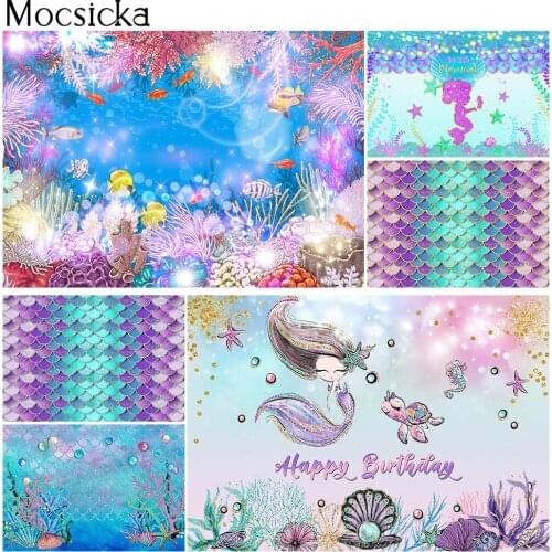 Photography Backdrop Under the Sea Little Mermaid Princess Background for Photo Studio Colorful Mermaid Scale Party Decoration