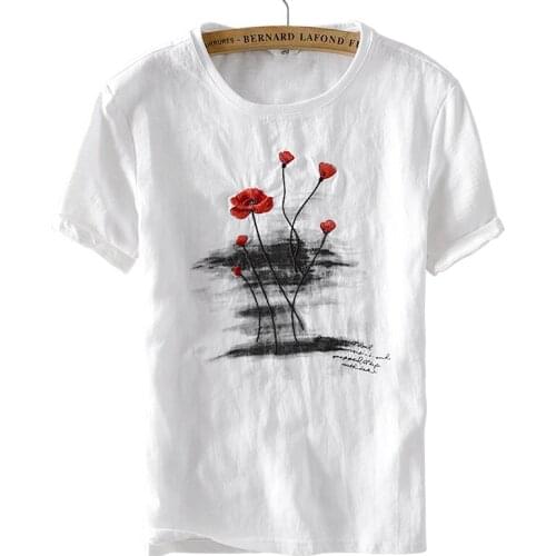 Suehaiwes brand flower embroidery linen t shirt men white round neck flax men t-shirt M-3XL loose breathable tshirt mens camisa