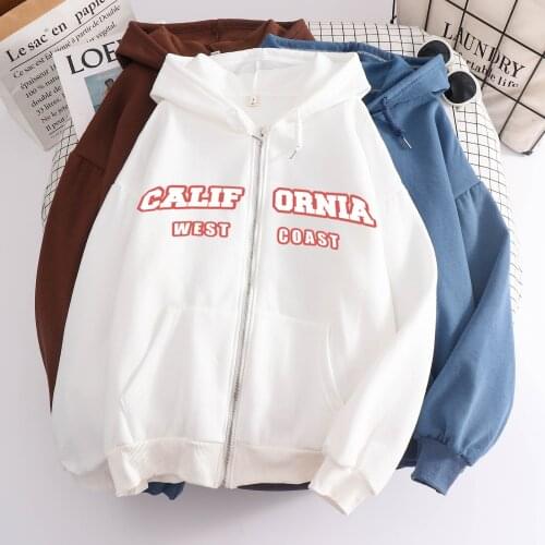 Letter Print Hoodie Cotton Y2k Califorina Graphic Sweatshirt Casual Loose Women Sweetshirts Jacket Ladies Drop Shoulder Zipper