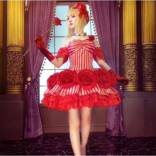 Game Fate Extella Nero Red Emperor Clothes Cosplay Costume Women Sweet Lolita Dress Party Rose Dresses Saber Cosplay Fancy Dress
