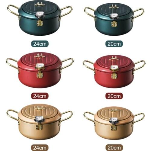 Kitchen Deep Frying Pot Japanese Style Tempura Fryer Pan with Thermometer, Lid, Drainage Rack