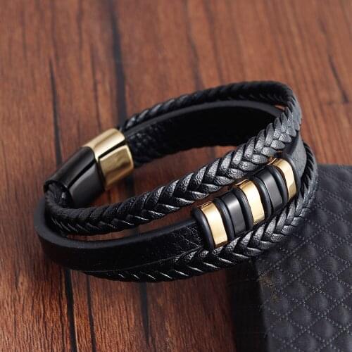 LAMEMDE 3Layers Black Gold Punk Style Design Genuine Leather Bracelet for Men Steel Magnetic Button Birthday Gift Male Bracelets