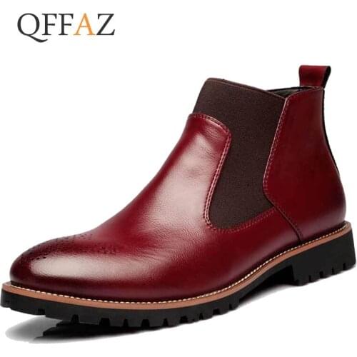 QFFAZ Mens Boots Autumn Leather Chelsea Boots Brogue Style Men Ankle Boots Breathable Formal Boots Man High Top Casual Shoes