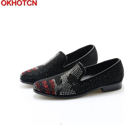 OKHOTCN Black Red White Rhinestones Glitter Men Loafers Smoking Slipper Casual Shoes Genuine Leather Wedding Dress Mens Flats