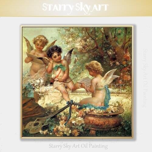 Top Artist Hand-painted High Quality 3 Angels Oil Painting on Canvas Beautiful Classical Angel Oil Painting for Living Room