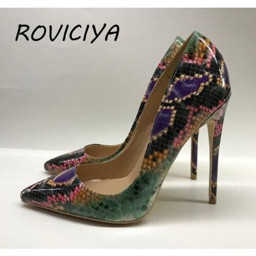 Snake print sexy 12cm high heel pointed toe shallow high heels 10cm ladies nightclub club party wedding shoes QP070 ROVICIYA