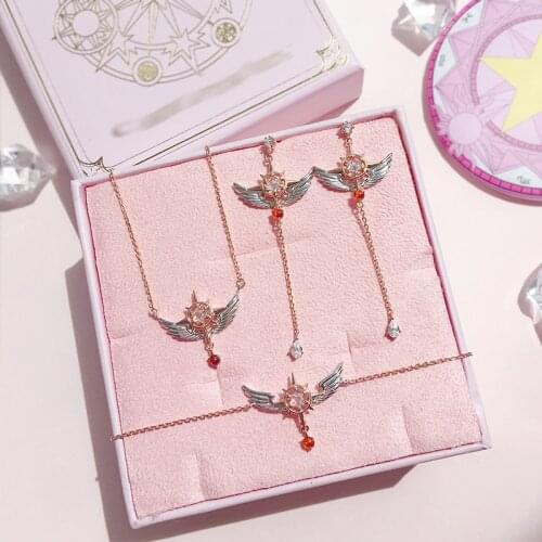 Japanese Anime Cardcaptor Sakura 925 Sterling Silver Necklace Earrings Jewelry Set Card Captor Sweater Necklace Wings Pendant