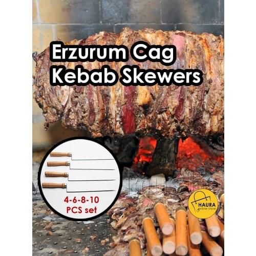 Stainless Steel Turkish Erzurum Cag Kebab Skewers with Wooden Handle 4 6 8 10 Pieces Barbecue Kebab Grill Kitchen Accessory Tool