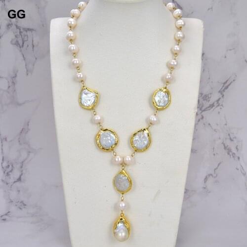 GuaiGuai Jewelry Cultured White Coin Pearl Potato Pearl Y-Drop Necklace Keshi pearl Pendant 20"