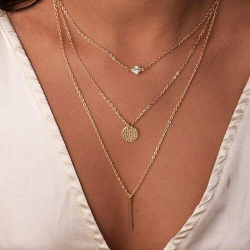 Womens Fashion Jewelery Colar European Simple Gold Silver color Multilayer Punk Bar Crystal Round Coins Necklace Clavicle Chain