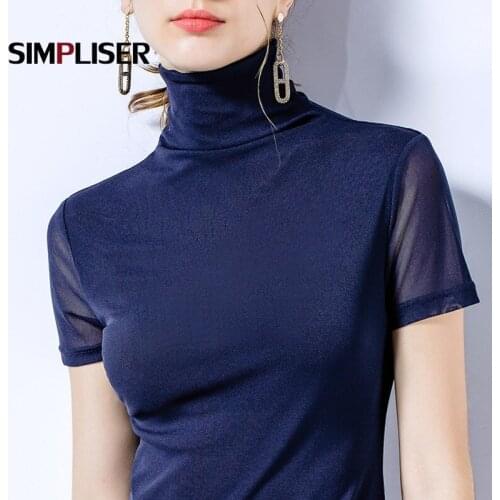 Mesh Shirts Women Bottoming Tees High Collar Short Sleeve Tight Tops Lady Clothes Black Blue Red Stretch T-shirt Roupas Feminina